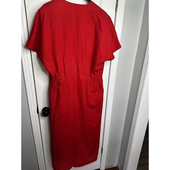 Vintage 80s Midi Long Red Pleated Skirt Linen Dress Secretary 14 16 Rockabilly - Picture 9 of 12